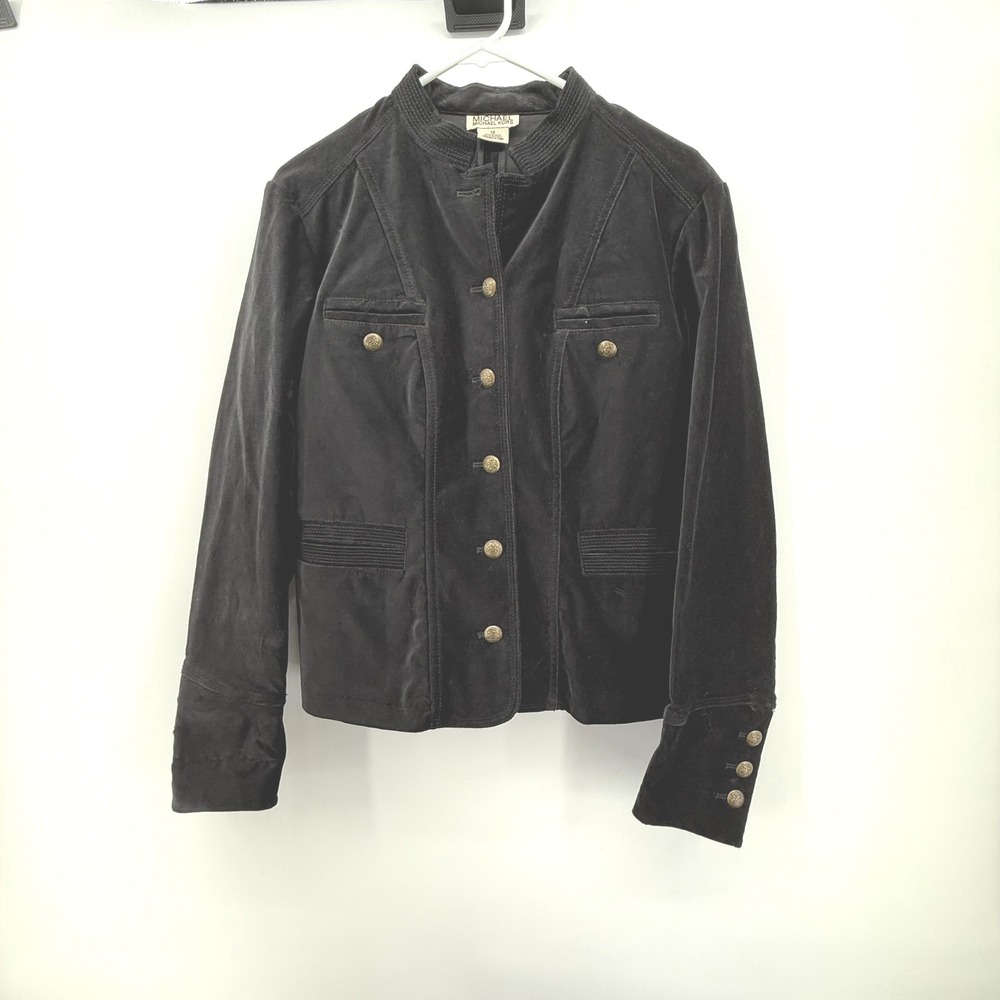 Michael Kors Military Pocketed Gold Button Black Suede Blazer Size 12 Preppy